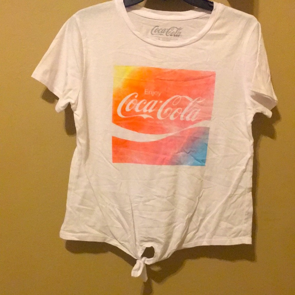 COCA COLA , WHITE TEE, WORN ONCE, TIE AT THE BOTTOM, COLORFUL